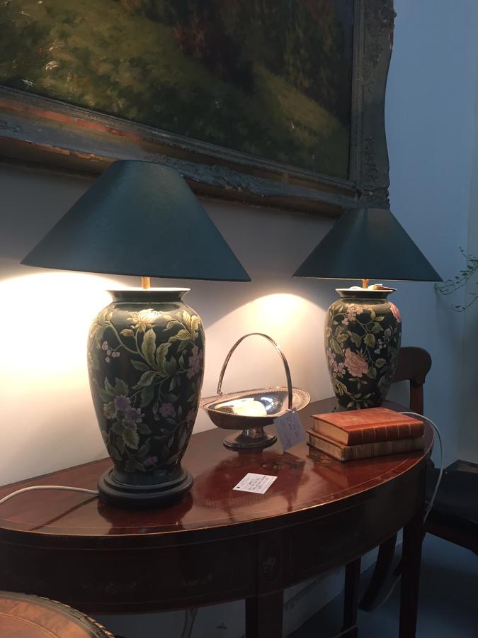 Pair of ceramic floral lamps and silk shades