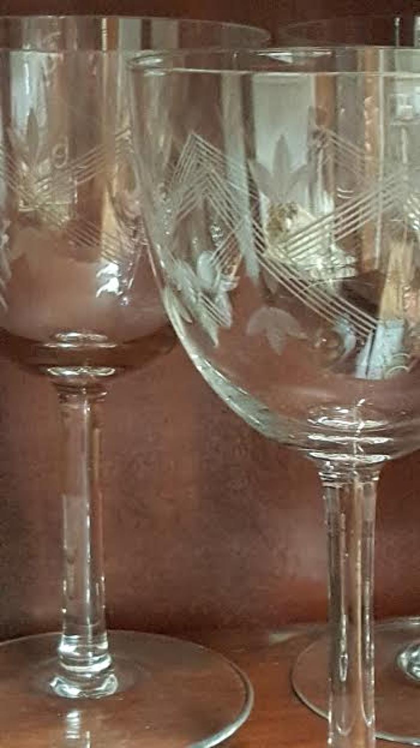 Set of 6 Engraved 1940's French Wine Glasses