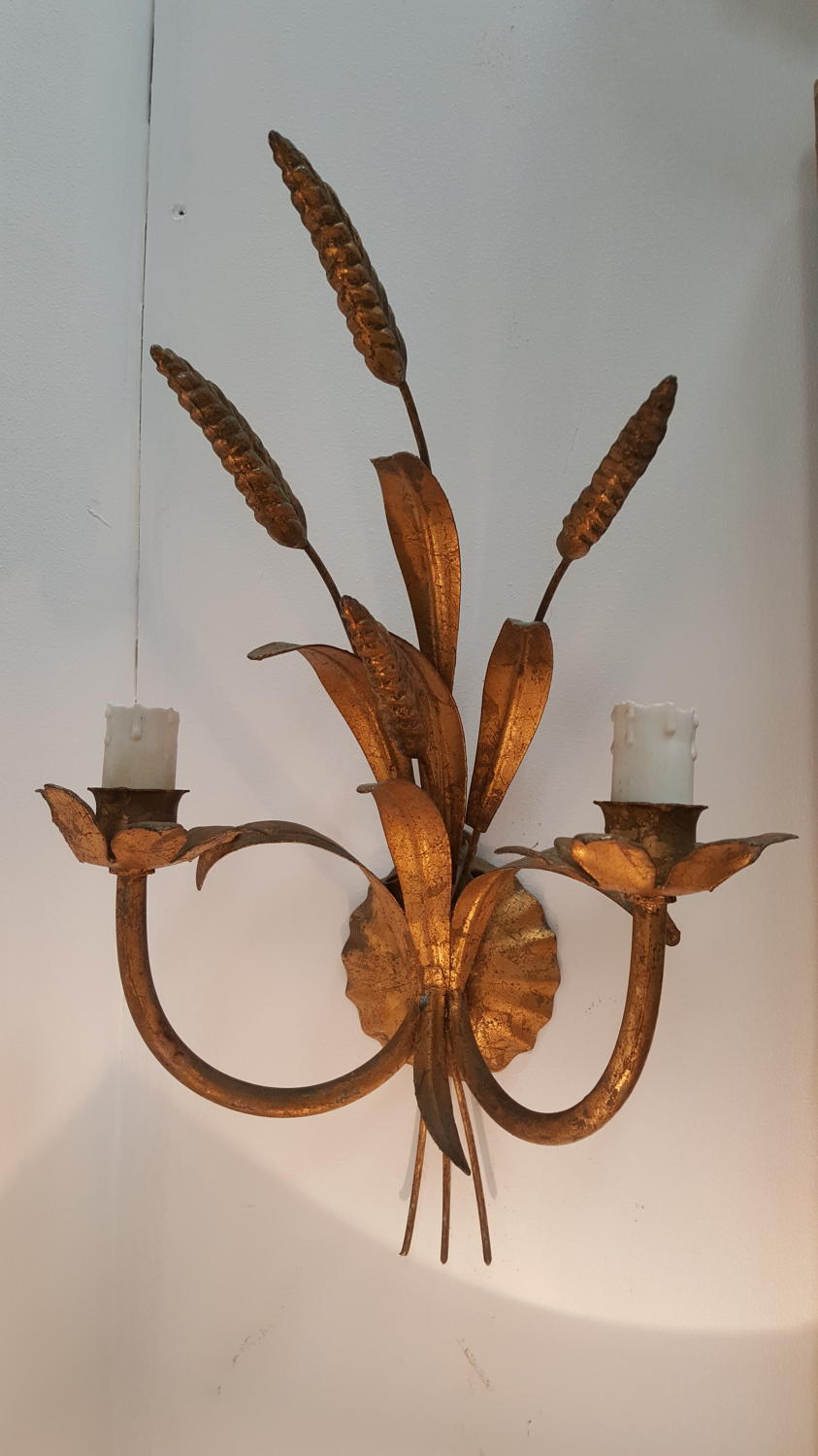 Pair of 1960's Gilded Metal Sheaf of Wheat Sconces