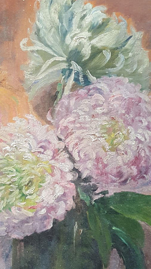 French still life oil on canvas Jug of Dahlias