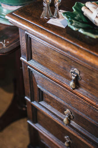 17th century style oak geometric chest on bun feet
