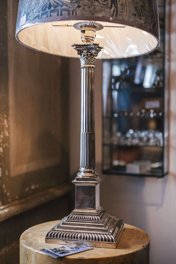 Early 20th c silver plated Corinthian column lamp base