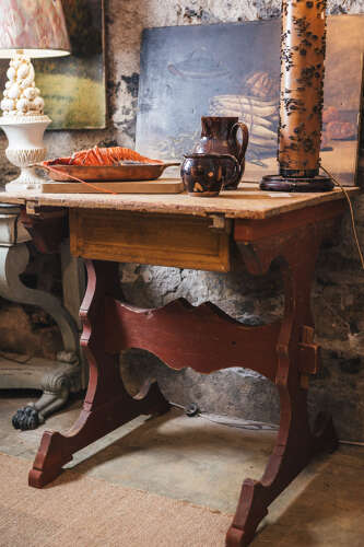 19th c Swedish painted pine prep table with drawer