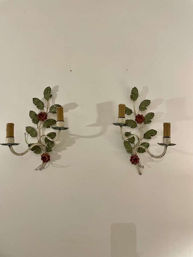 Pair of vintage toleware wall lights with flower and leaf decoration