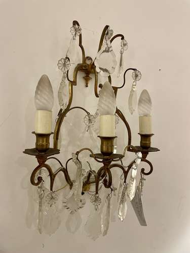 Pair Louis XV style cut glass and brass wall sconces