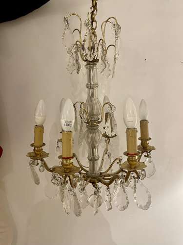 Antique French 6 light brass and crystal chandelier c.1920