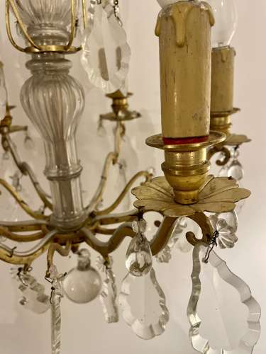 Antique French 6 light brass and crystal chandelier c.1920