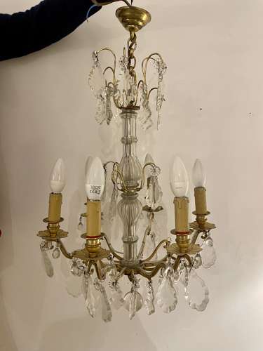 Antique French 6 light brass and crystal chandelier c.1920