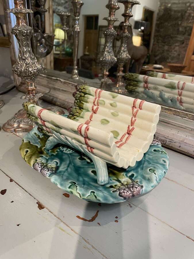 Antique French majolica asparagus plates and accessories