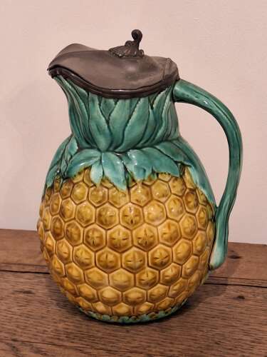 19thc. Majolica pineapple jug with pewter top