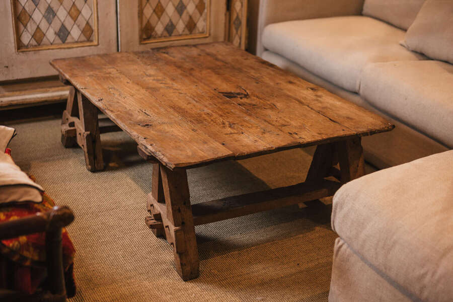 Large rustic antique French fruitwood coffee table