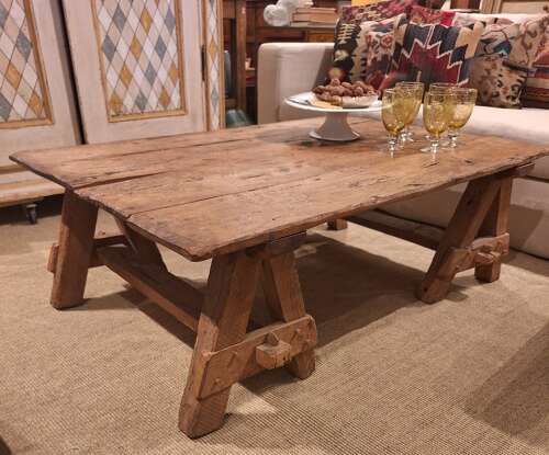 Large rustic antique French fruitwood coffee table