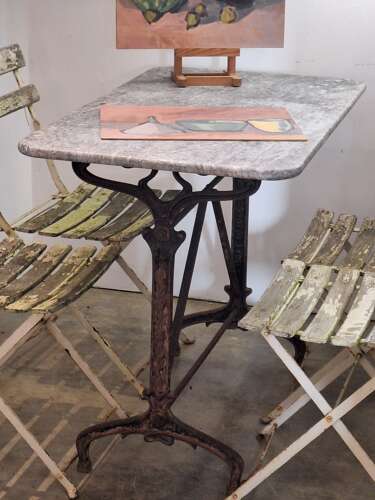 French marble top bistro garden table on cast iron base