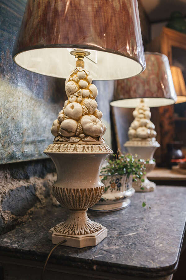 Mid century ceramic basket of fruit lamp bases
